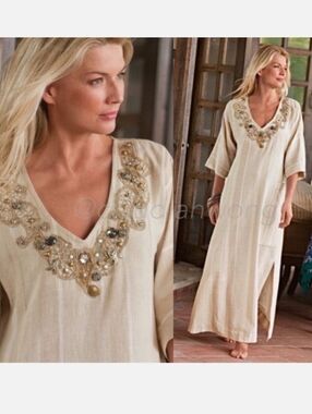 Soft Surroundings Ibiza Caftan Embellished Flax Blend Beachy Boho Lagenlook Maxi